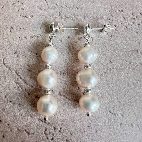 Artisan Real Pearl Drop Earrings – 925 Silver Plated Dangle Jewelry – 1.75” - Picture 3 of 3
